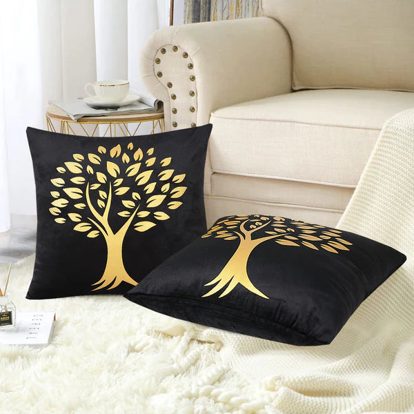 Golden Tree of Life Velvet Cushion Cover - Black