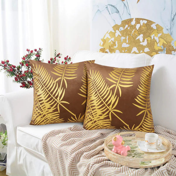 Gold Foil Palm Leaf Velvet Cushion Cover - Brown