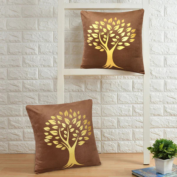 Golden Tree of Life Velvet Cushion Cover – Brown