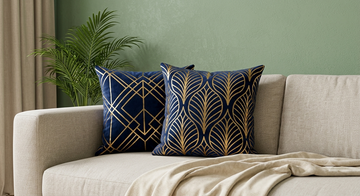 Art Deco Geomateric Leaf Velvet Cushion Cover – Navy Blue