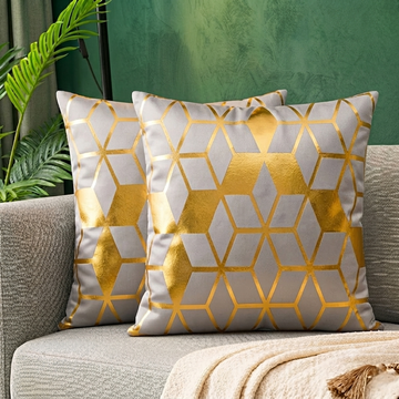 3D Isometric Foil Cube Printed Velvet Cushion Cover – Grey