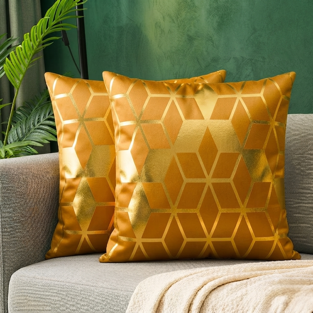 3D Isometric Foil Cube Printed Velvet Cushion Cover – Mustard