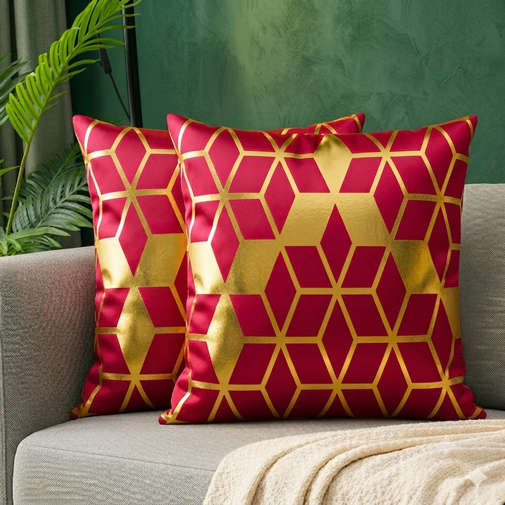 3D Isometric Foil Cube Printed Velvet Cushion Cover – Maroon