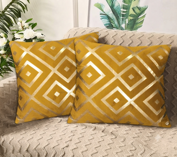 Geometric Diamond Foil Velvet Cushion Cover – Mustard