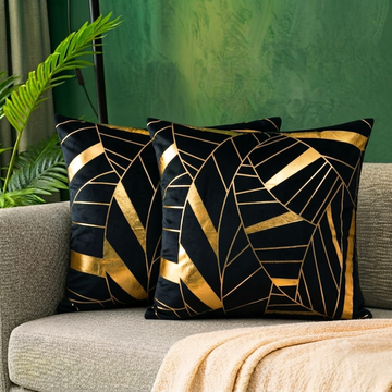Art Deco Geomateric Leaf Velvet Cushion Cover – Black