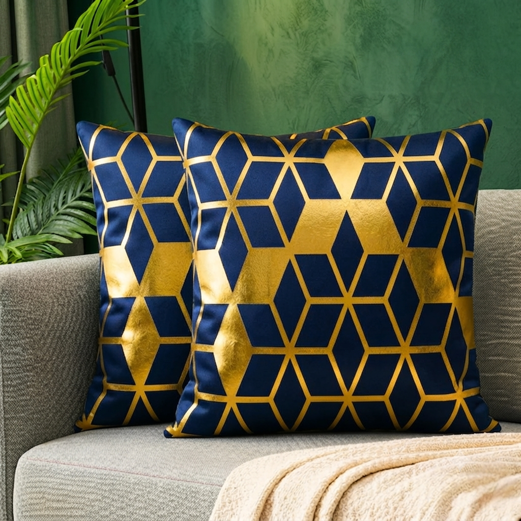3D Isometric Foil Cube Printed Velvet Cushion Cover – Navy Blue