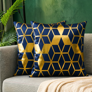 3D Isometric Foil Cube Printed Velvet Cushion Cover – Navy Blue