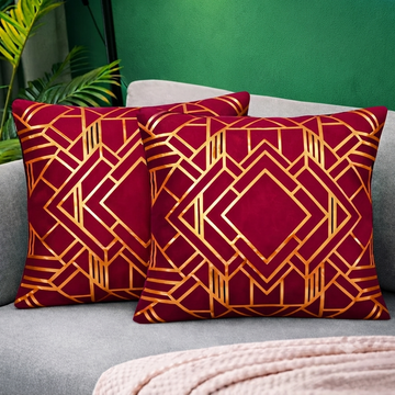 Geometric Foil Print Velvet Cushion Cover - Maroon