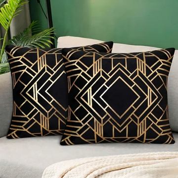 Geometric Foil Print Velvet Cushion Cover - Black