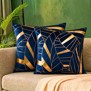 Art Deco Geomateric Leaf Velvet Cushion Cover – Navy Blue