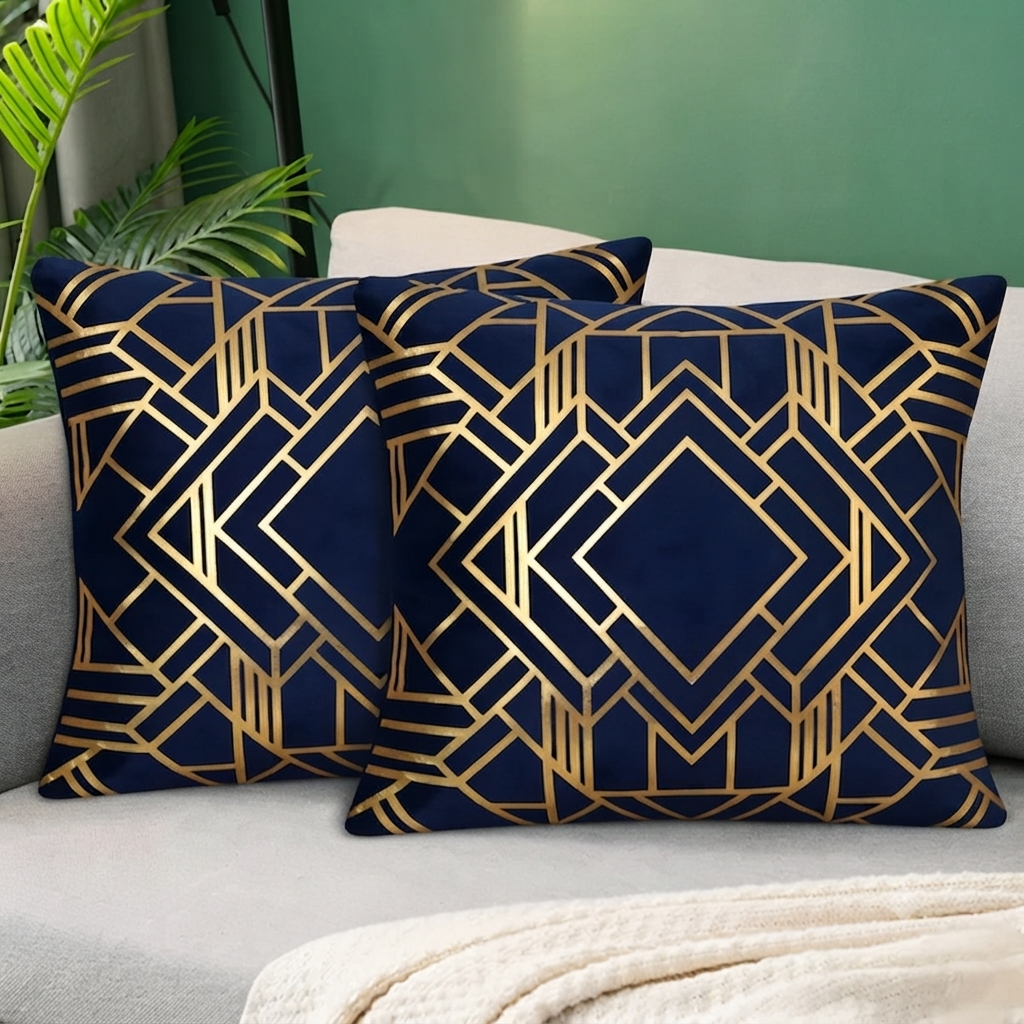 Geometric Foil Print Velvet Cushion Cover - Navy Blue