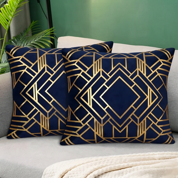 Geometric Foil Print Velvet Cushion Cover - Navy Blue