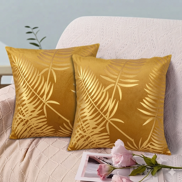 Gold Foil Palm Leaf Velvet Cushion Cover - Mustard