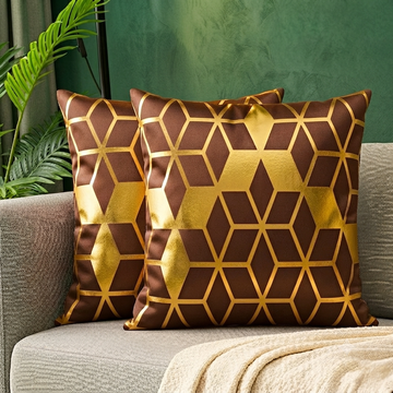 3D Isometric Foil Cube Printed Velvet Cushion Cover – Brown