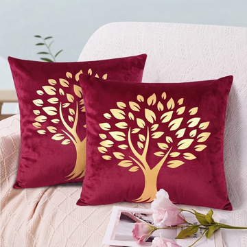 Golden Tree of Life Velvet Cushion Cover - Maroon