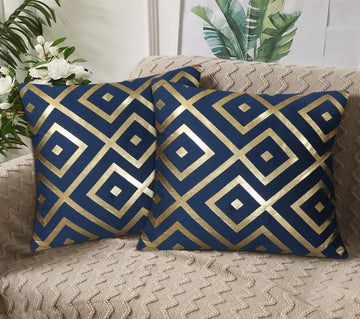 Geometric Diamond Foil Velvet Cushion Cover – Navy Blue
