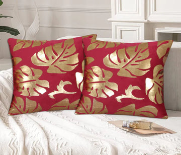 Gold Foil Monstera Leaf Velvet Cushion Cover – Maroon