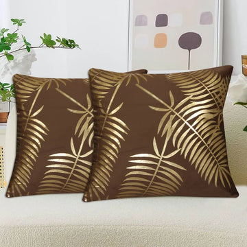 Gold Foil Palm Leaf Velvet Cushion Cover - Brown
