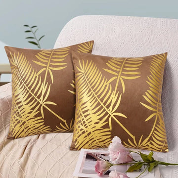 Gold Foil Palm Leaf Velvet Cushion Cover - Brown
