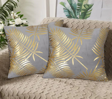 Gold Foil Palm Leaf Velvet Cushion Cover - Grey