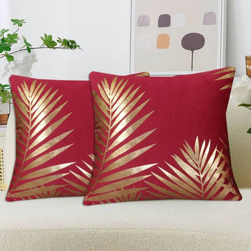 Gold Foil Palm Leaf Velvet Cushion Cover - Maroon