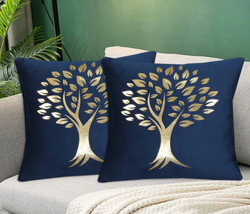 Golden Tree of Life Velvet Cushion Cover - Navy Blue