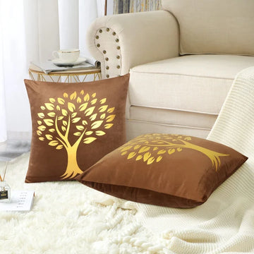 Golden Tree of Life Velvet Cushion Cover – Brown
