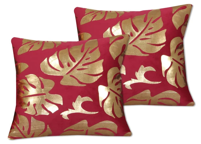 Gold Foil Monstera Leaf Velvet Cushion Cover – Maroon