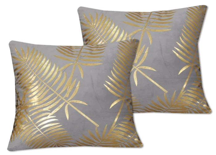 Gold Foil Palm Leaf Velvet Cushion Cover - Grey