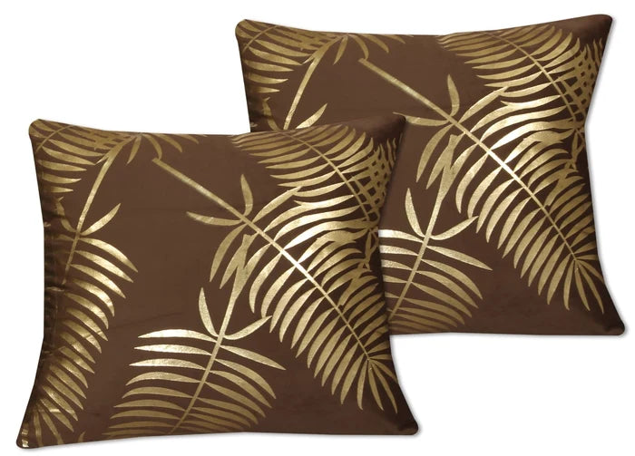 Gold Foil Palm Leaf Velvet Cushion Cover - Brown