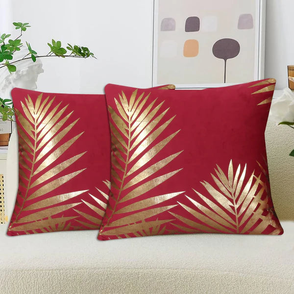 Gold Foil Palm Leaf Velvet Cushion Cover - Maroon