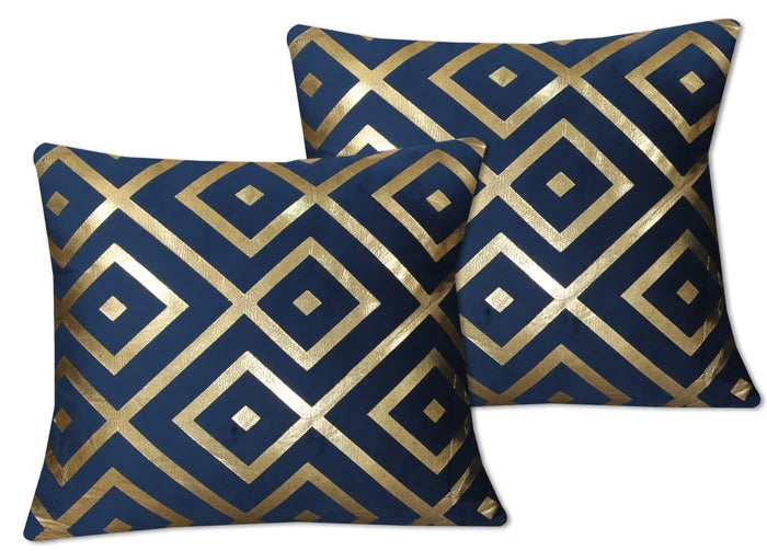 Geometric Diamond Foil Velvet Cushion Cover – Navy Blue