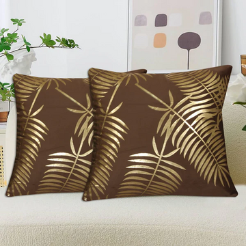 Gold Foil Palm Leaf Velvet Cushion Cover - Brown